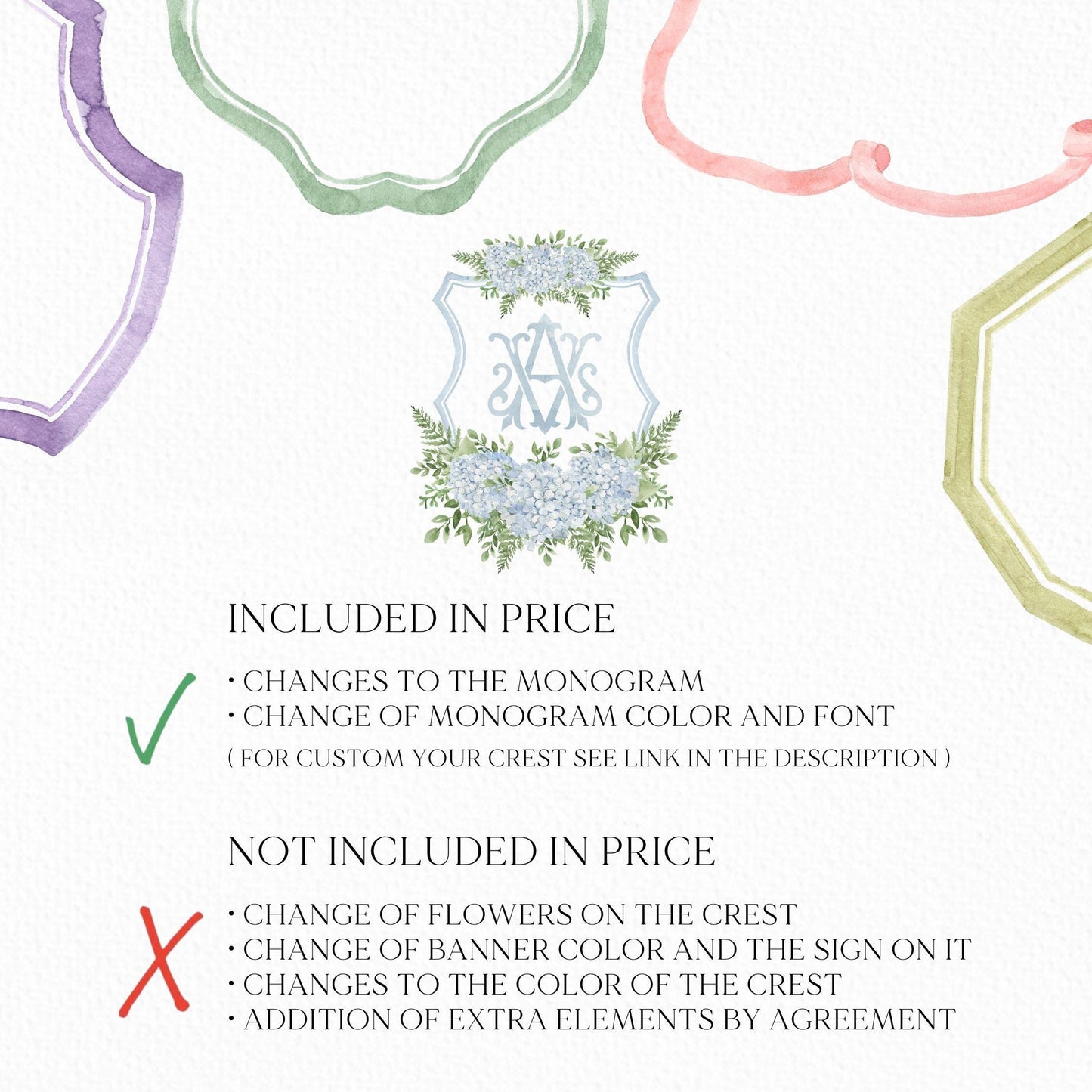 Hydrangea Flower Wedding Crest - Monogram Crest - Hydrangea Floral Blue Watercolor Wedding Crest - Romantic Wedding Crest - Boho Hydrangea
