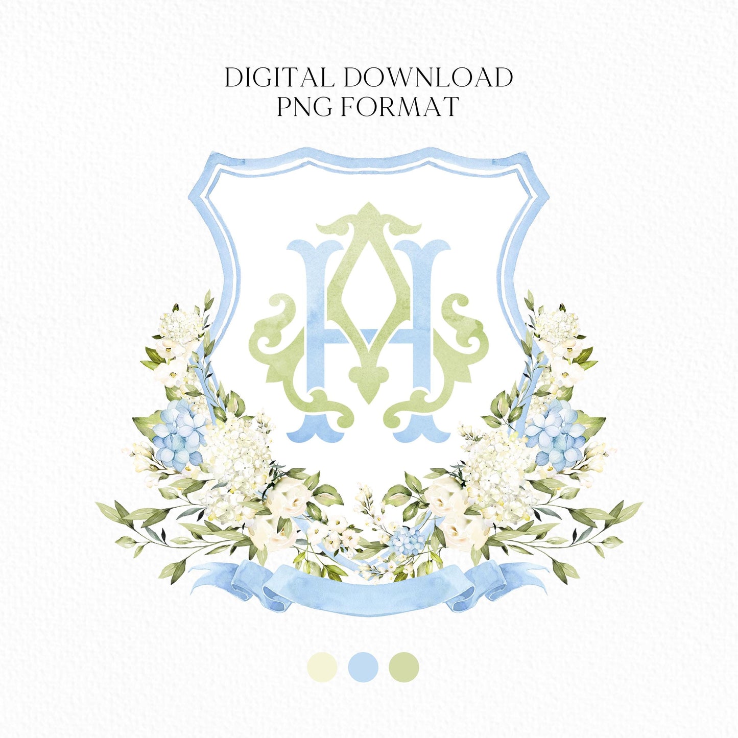 Hydrangea Flower Wedding Crest - Monogram Crest - Hydrangea Floral Luxury Watercolor Wedding Crest - Romantic Wedding Crest- Boho Hydrangea
