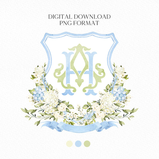 Hydrangea Flower Wedding Crest - Monogram Crest - Hydrangea Floral Luxury Watercolor Wedding Crest - Romantic Wedding Crest- Boho Hydrangea