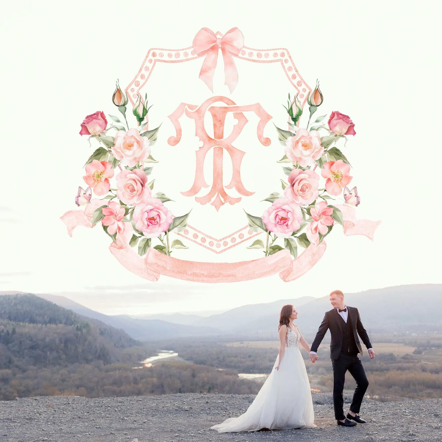 Romantic Blush Rose Peony Eucalyptus Watercolor Flower Wedding Crest - Monogram Crest - Soft Watercolor Flowers Watercolor Wedding Crest