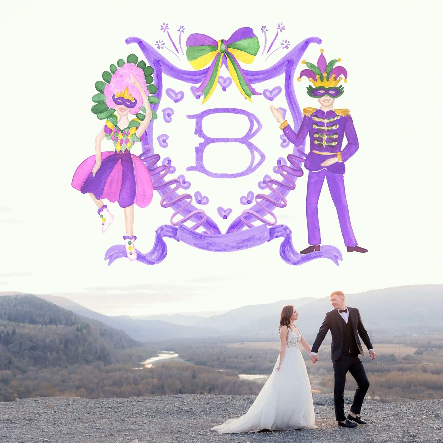 Mardi Gras New Orleans Crest Watercolor Wedding Crest - Monogram Crest - Mardi Gras Watercolor Wedding Crest Romantic Wedding Crest