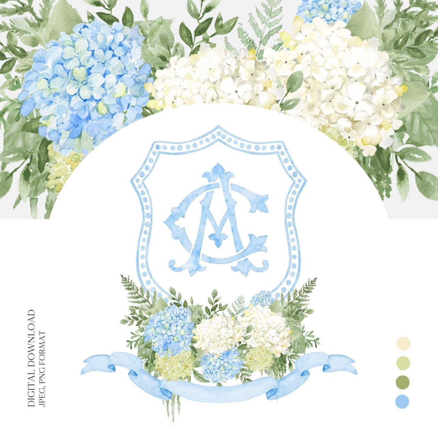 Blue Hydrangea Flower Wedding Crest - Monogram Crest - Hydrangea White Floral Luxury Watercolor Wedding Crest - Romantic Wedding Crest