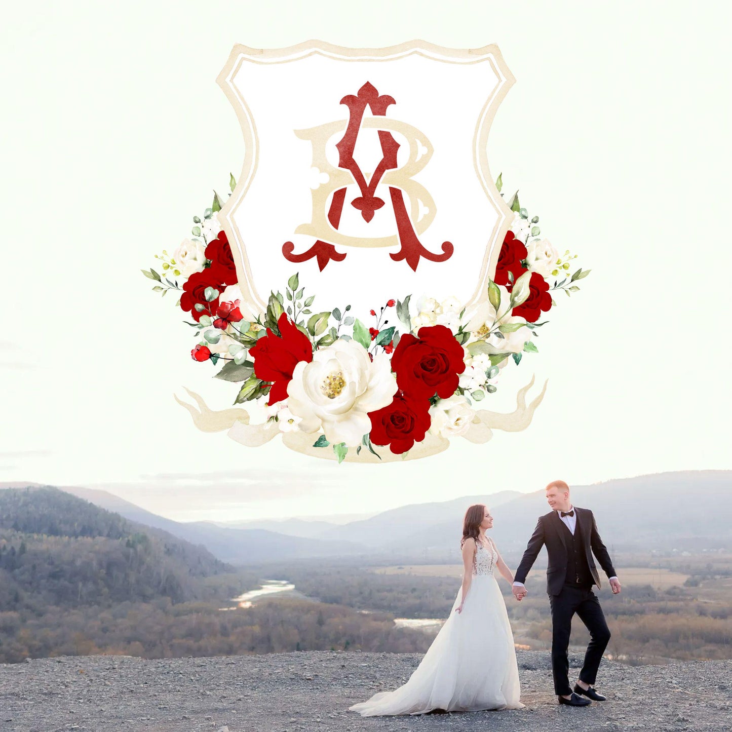 ROSIE - Red and White Roses Flower Wedding Crest - Monogram Crest - Floral Luxury Watercolor Wedding Crest - Romantic Wedding Crest