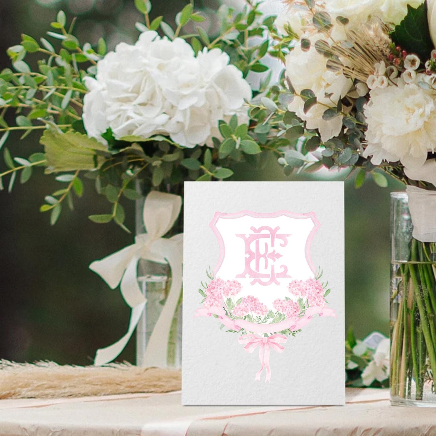 Pink Hydrangea Flower Wedding Crest - Monogram Crest - Hydrangea Light Pink Floral Luxury Watercolor Wedding Crest - Romantic Wedding Crest