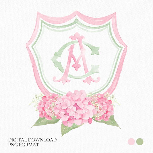 Hydrangea Pink Green Floral Wedding Crest - Monogram Crest - Green Baby's Breath Hydrangea Floral Luxury Watercolor Wedding Crest