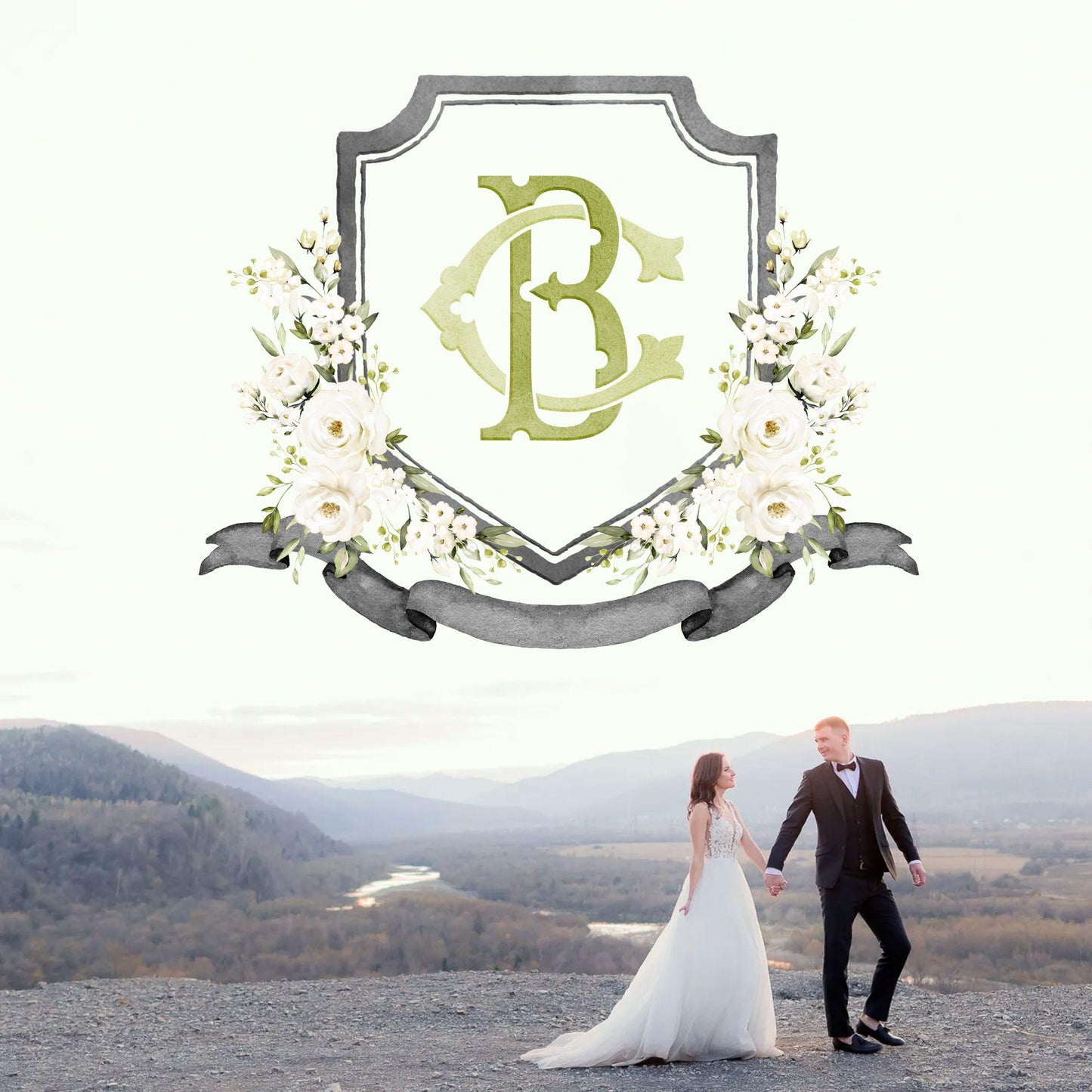 Creamy Rose Ivory Greenery White Flower Wedding Crest - Monogram Crest - White Floral Watercolor Wedding Crest - Romantic Wedding Crest