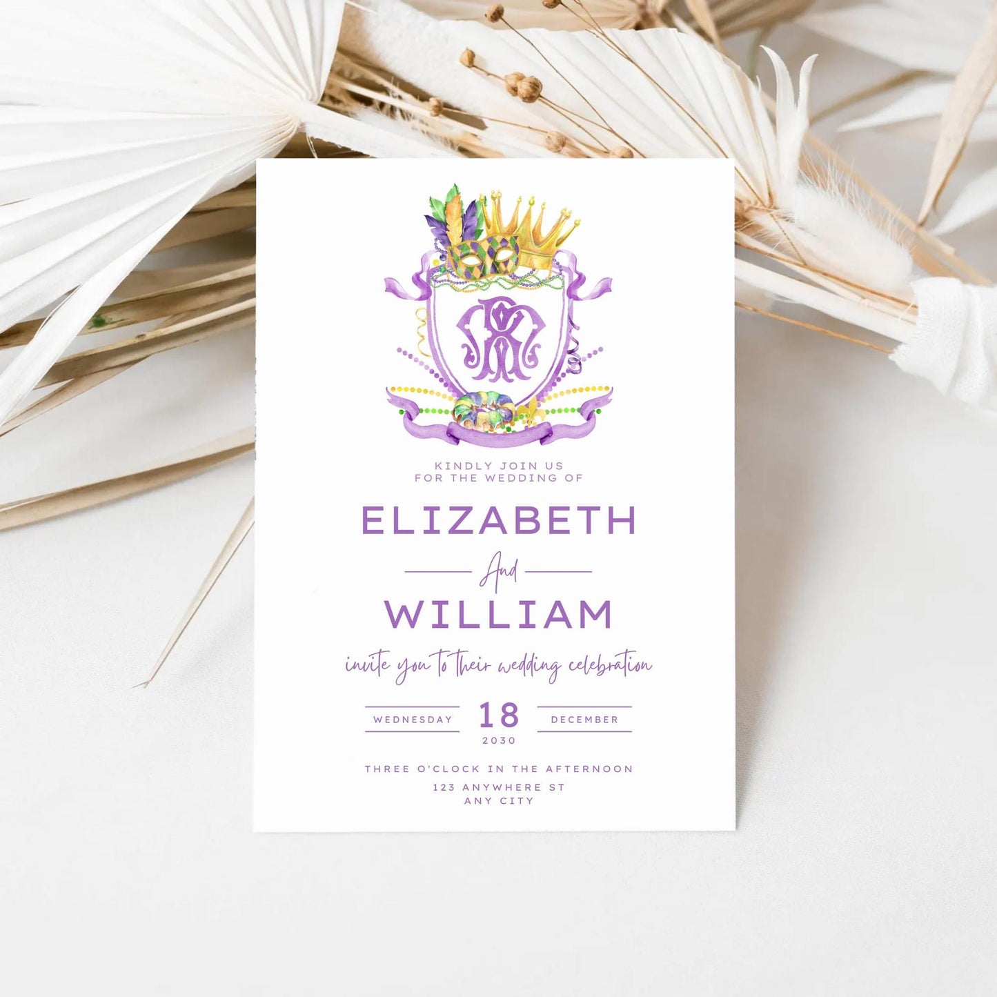 Mardi Gras New Orleans Crest Watercolor Wedding Crest - Monogram Crest - Mardi Gras Watercolor Wedding Crest Romantic Wedding Crest