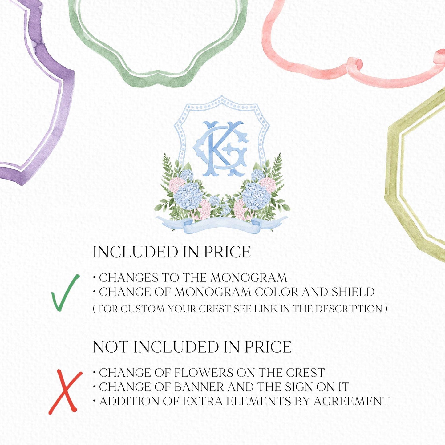 Blue Hydrangea Flower Wedding Crest - Monogram Crest - Eucalyptus Greenery Floral Luxury Watercolor Wedding Crest - Romantic Wedding Crest