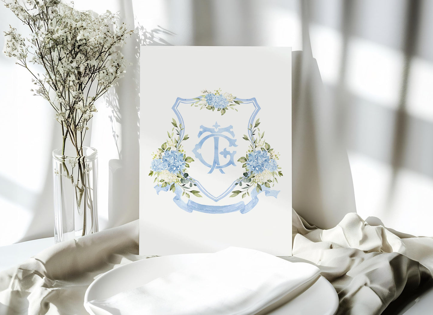 Blue and White Hydrangea Flower Wedding Crest - Monogram Crest - Hydrangea Floral Luxury Watercolor Wedding Crest - Romantic Wedding Crest