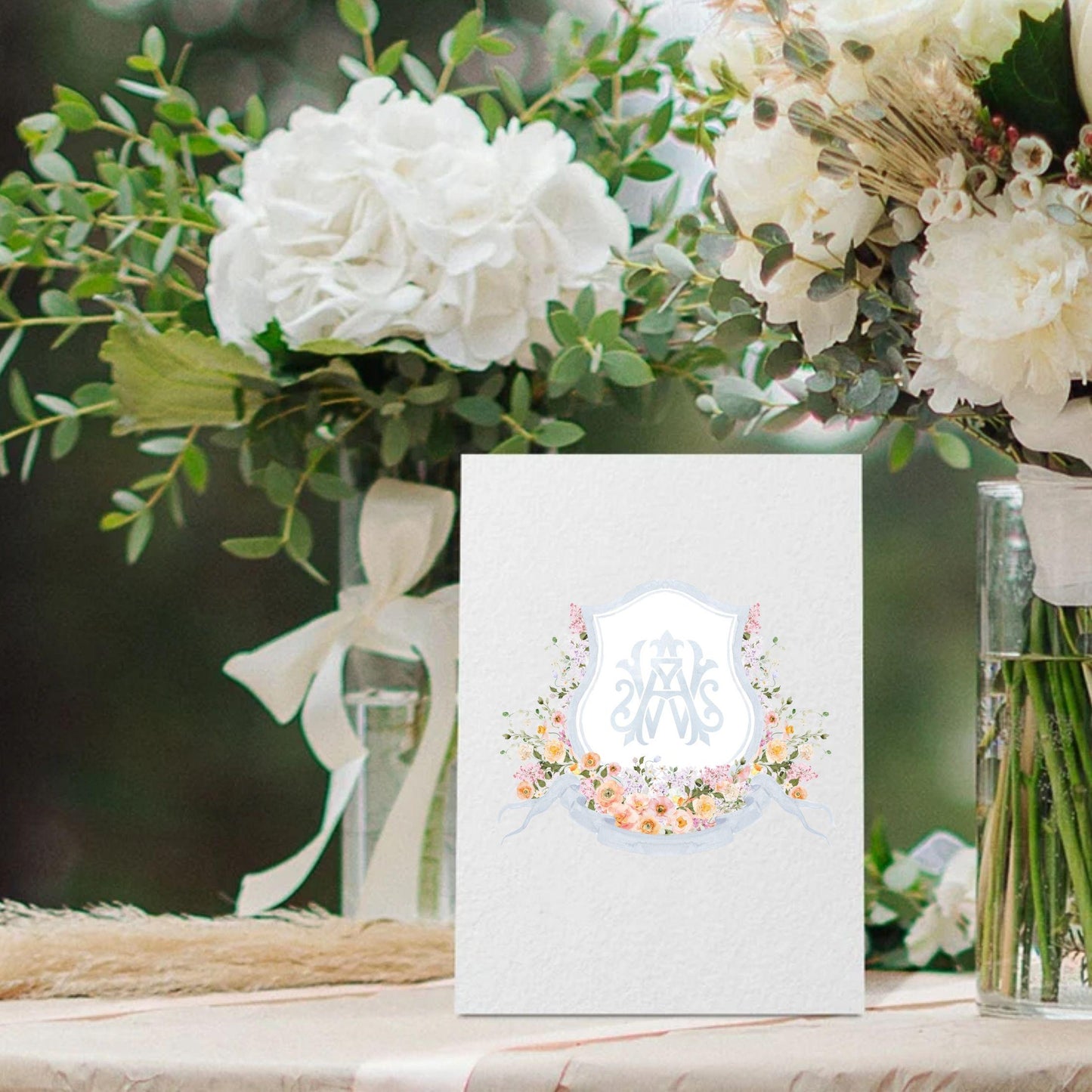 Orange Pink Yellow and White Watercolor Flower Wedding Crest - Monogram Crest - Floral Watercolor Wedding Crest - Blue Spring Wedding Crest