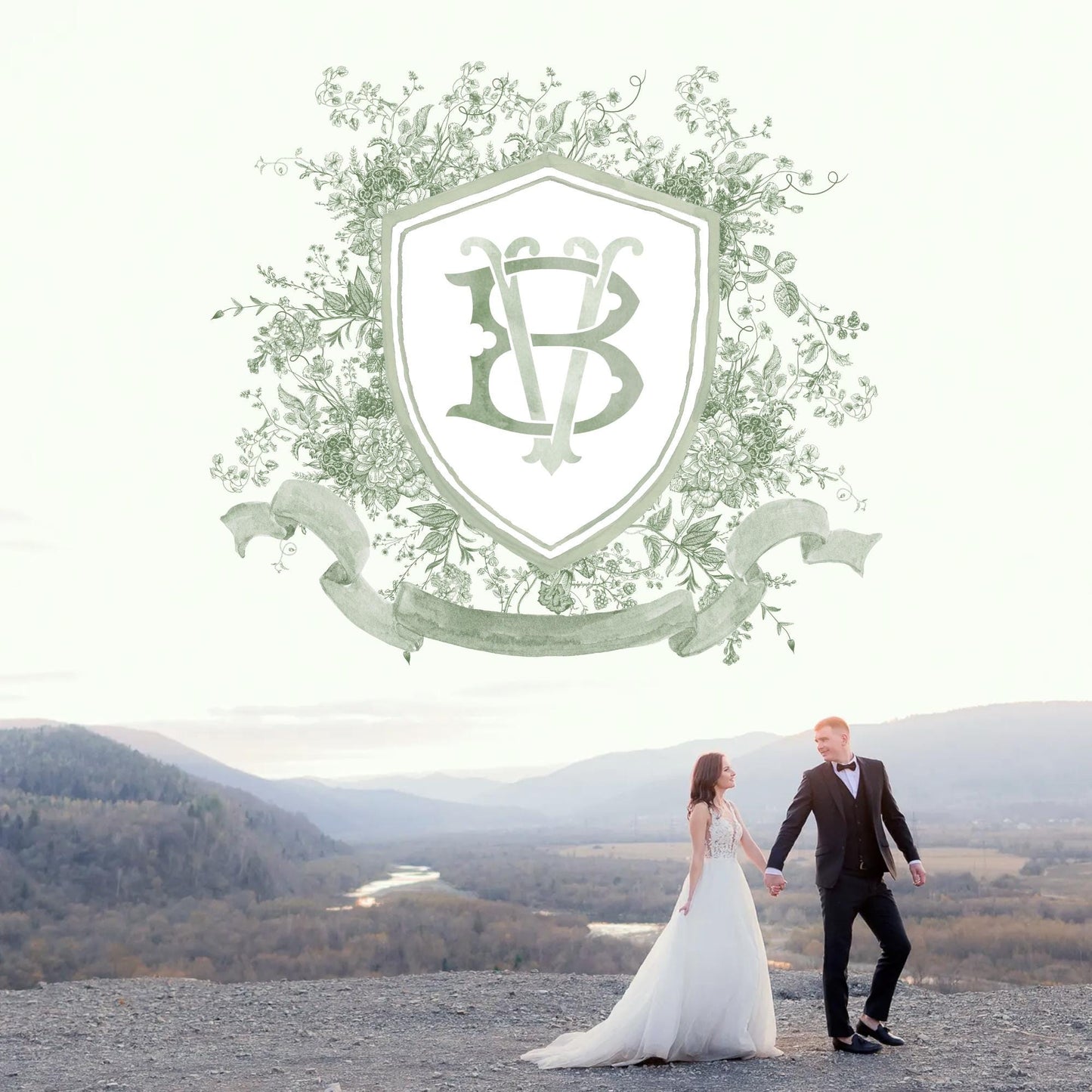 Vintage Moss Green Floral Wedding Crest - Monogram Crest - Vintage Floral Luxury Line art Wedding Crest - Romantic Wedding Crest