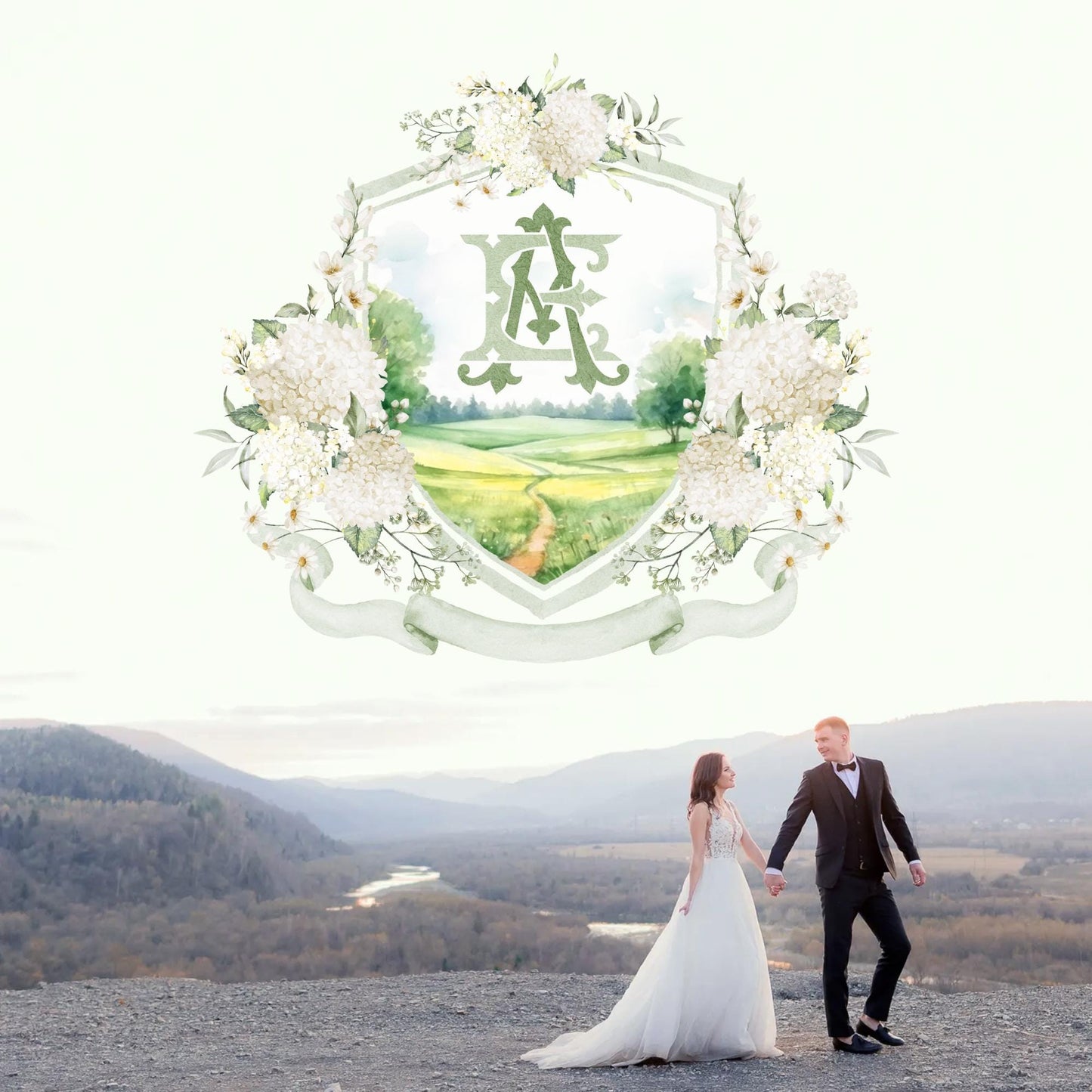 White Cream Hydrangea Flower Wedding Crest - Monogram Crest - Hydrangea Floral Luxury Watercolor Wedding Crest - Romantic Wedding Crest