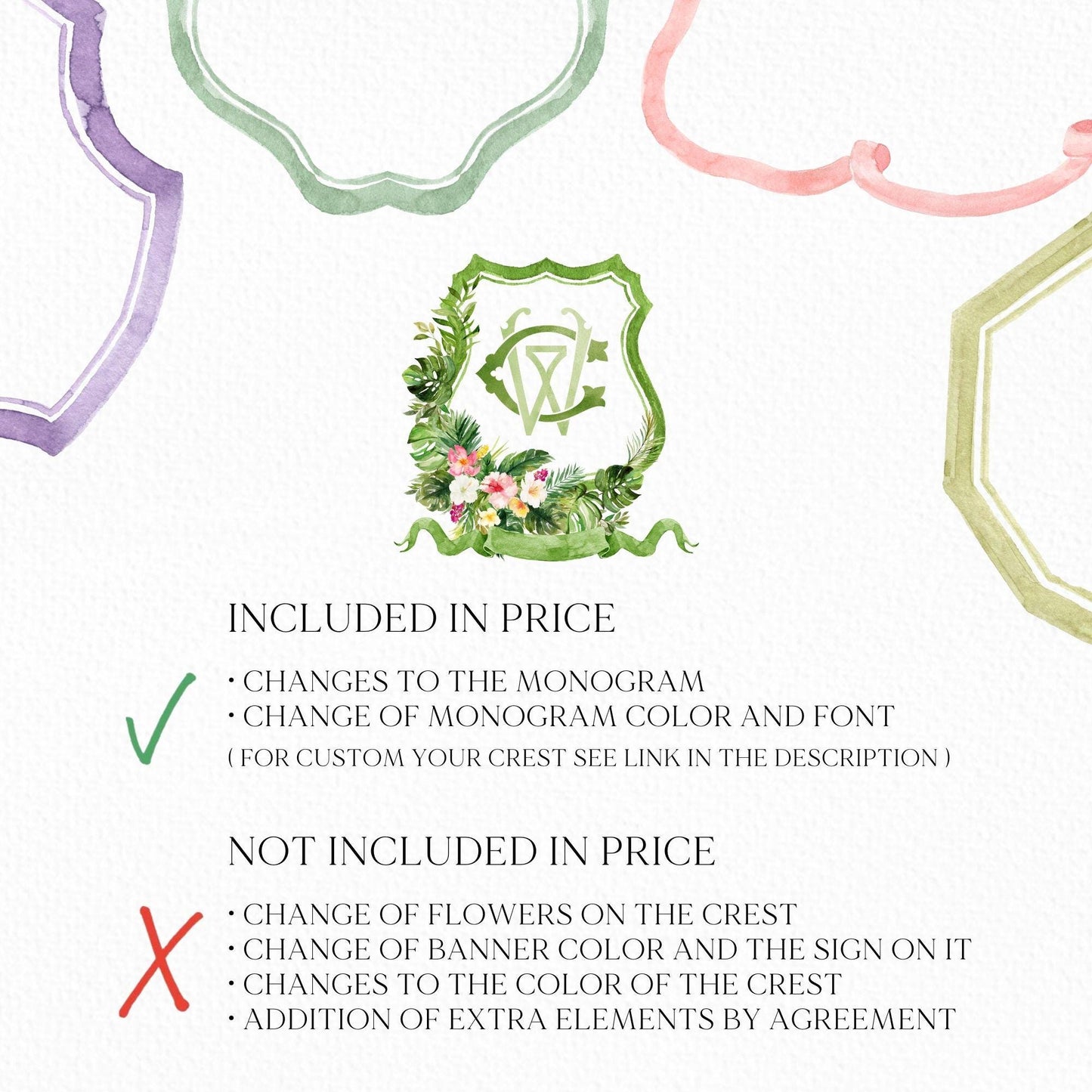 Greenery Tropical Foliage Palms Watercolor Flowers Wedding Crest - Monogram Crest - Floral Watercolor Wedding Crest - Romantic Wedding Crest