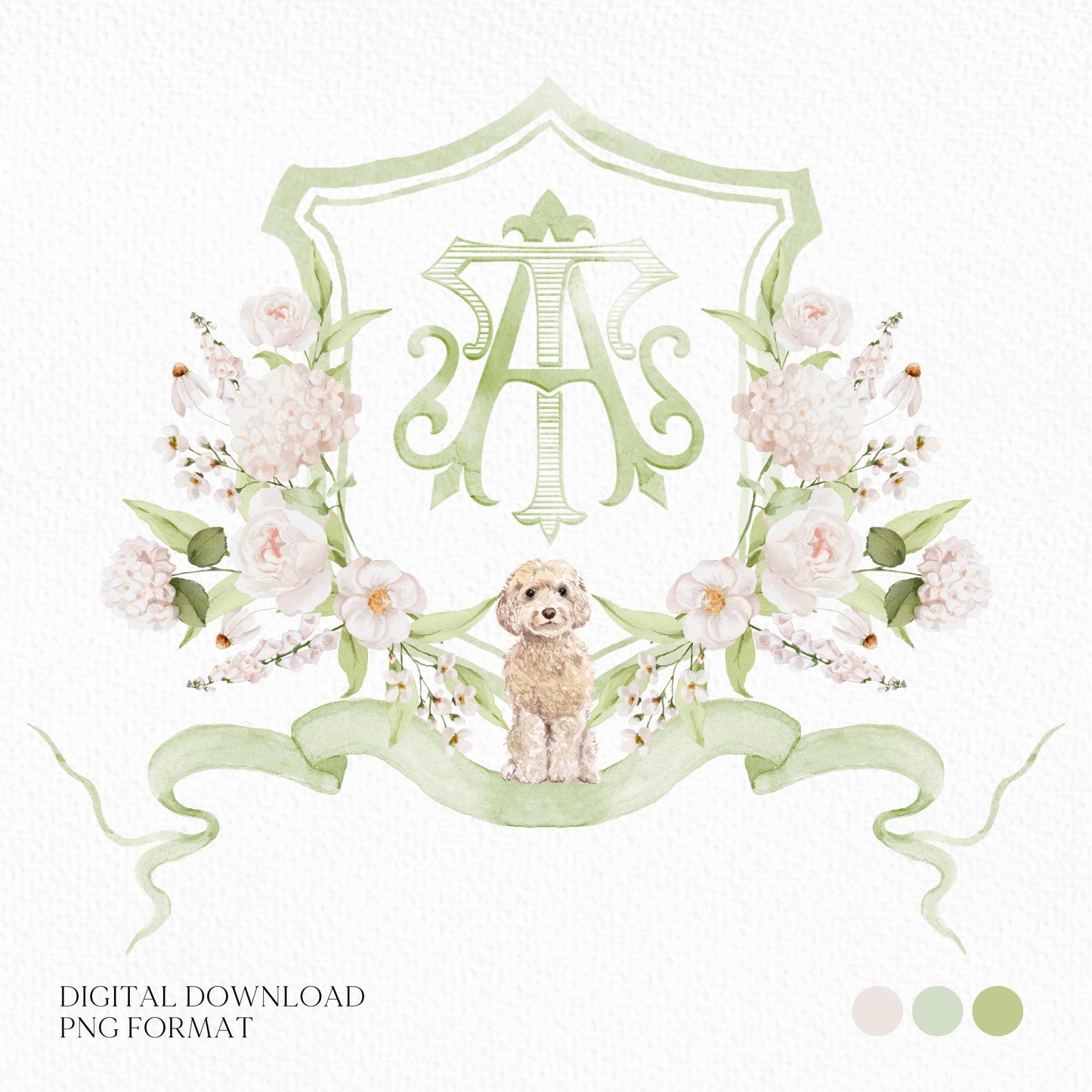 Hydrangea White Flower Wedding Crest - Monogram Crest - White Hydrangea Floral Luxury Watercolor Wedding Crest - Romantic Wedding Crest