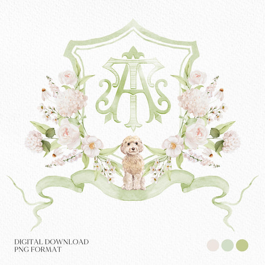 Hydrangea White Flower Wedding Crest - Monogram Crest - White Hydrangea Floral Luxury Watercolor Wedding Crest - Romantic Wedding Crest