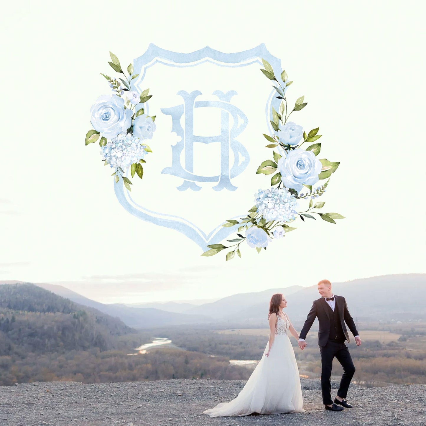 Baby Blue Roses Eucalyptus Flower Wedding Crest - Monogram Crest - Blue Floral Luxury Watercolor Wedding Crest - Romantic Wedding Crest