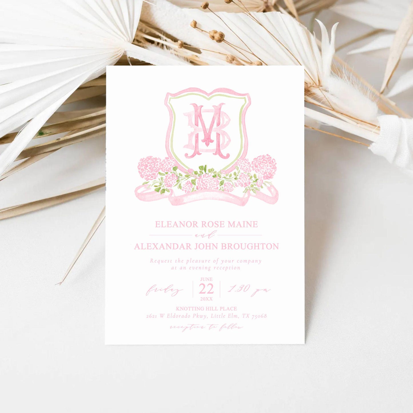 Pink Hydrangea Flower Wedding Crest - Monogram Crest - Light Pink Color Hydrangea Floral Luxury Watercolor Wedding Crest