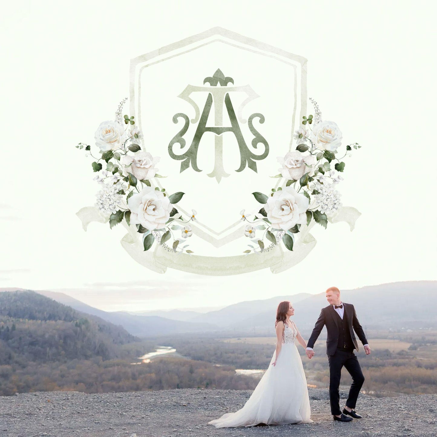 White Rose Greenery White Flower Wedding Crest - Monogram Crest - White Floral Watercolor Wedding Crest - Romantic Wedding Crest