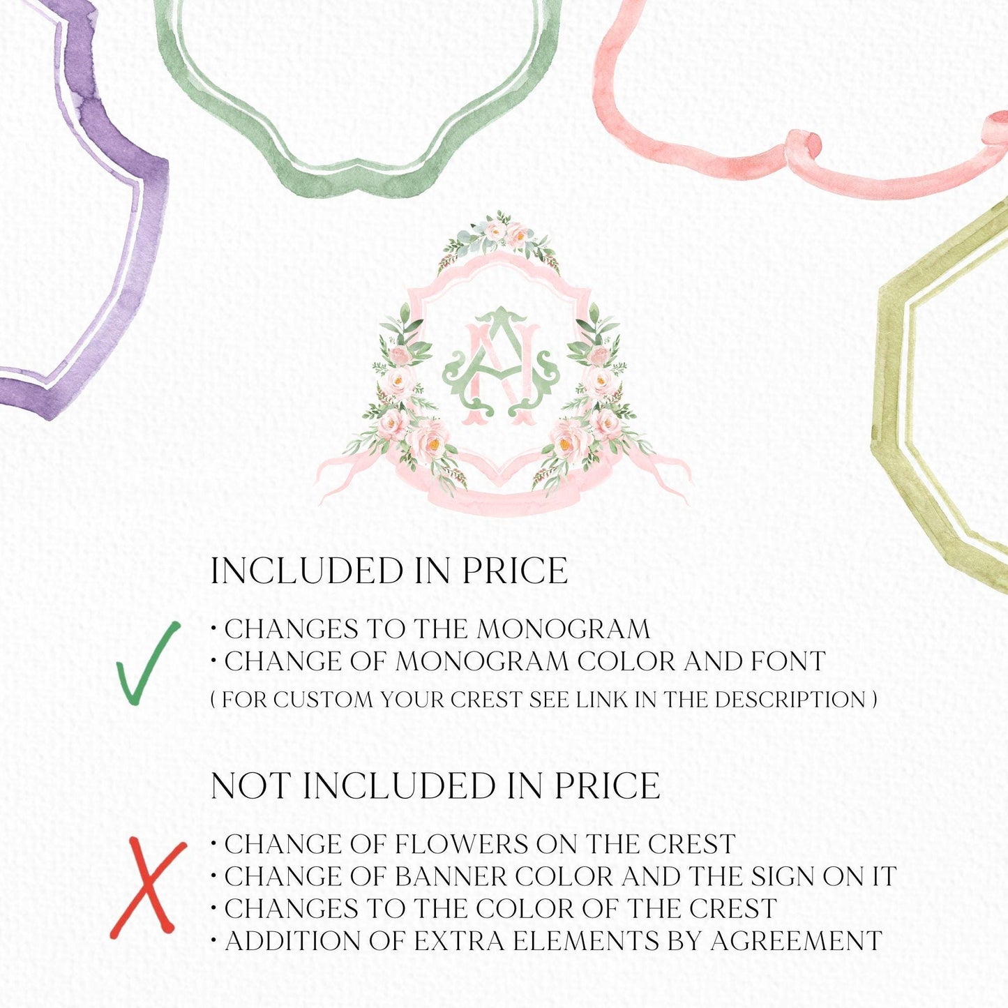 Blush Pink Floral Rustic Greenery Flower Wedding Crest - Monogram Crest - Floral Watercolor Wedding Crest - Romantic Wedding Crest