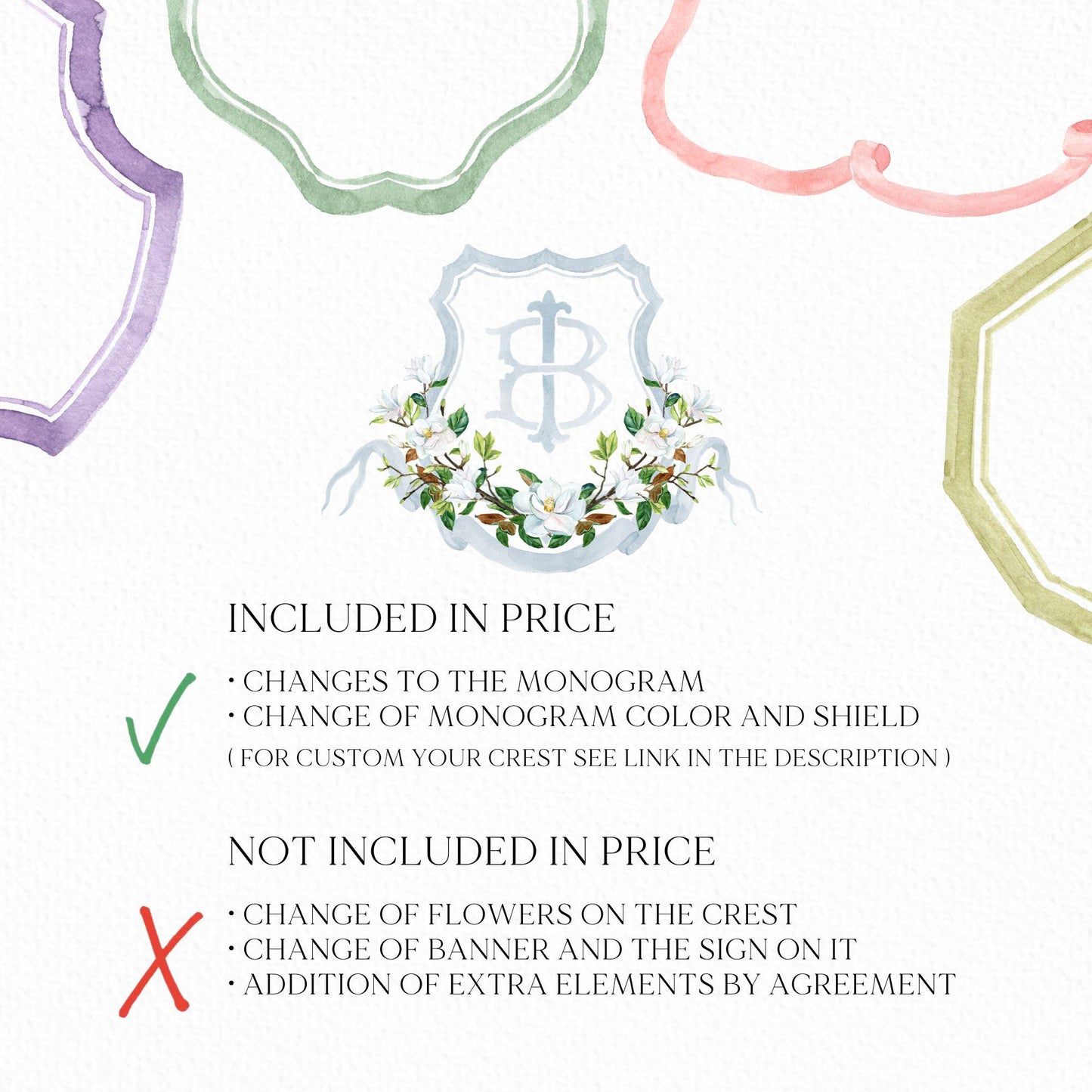 Magnolia Greenery Flower Watercolor Wedding Crest - Monogram Crest - Magnolia Floral Watercolor Wedding Crest - Romantic Wedding Crest