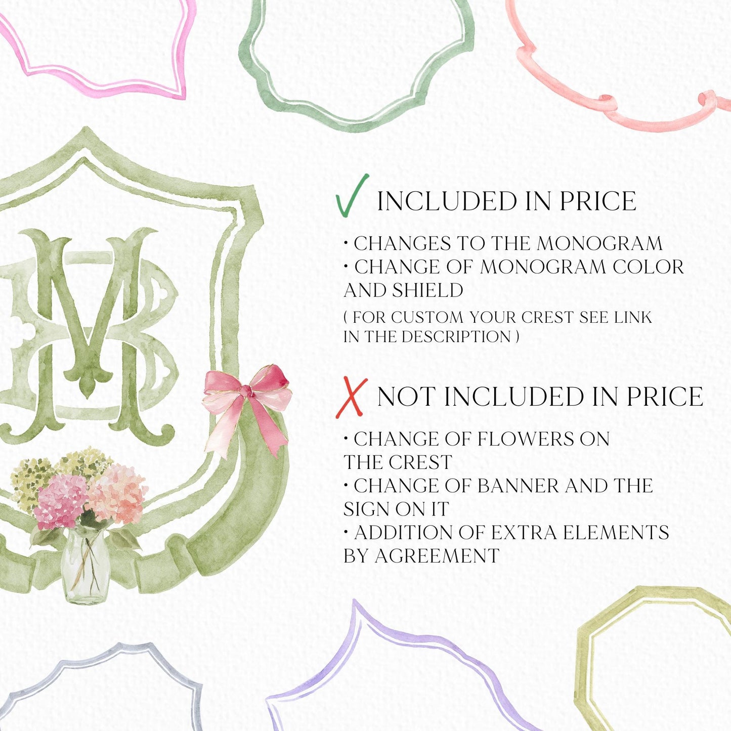 Hydrangea Green Pink Wedding Crest - Monogram Crest - Pink Hydrangea Green Floral Luxury Watercolor Wedding Crest - Romantic Wedding Crest
