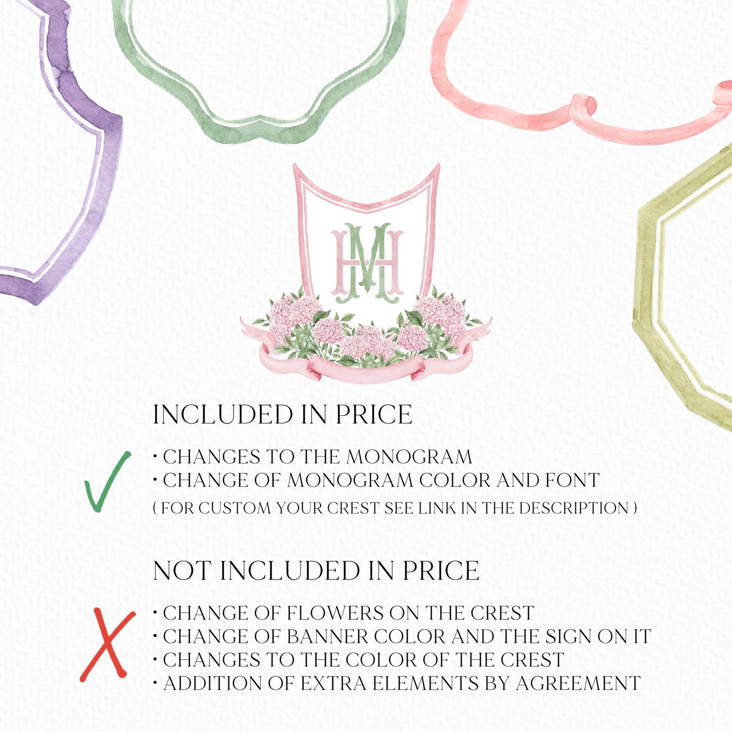 Pink Hydrangea Flower Wedding Crest - Monogram Crest - Hydrangea Light Pink Floral Luxury Watercolor Wedding Crest - Romantic Wedding Crest