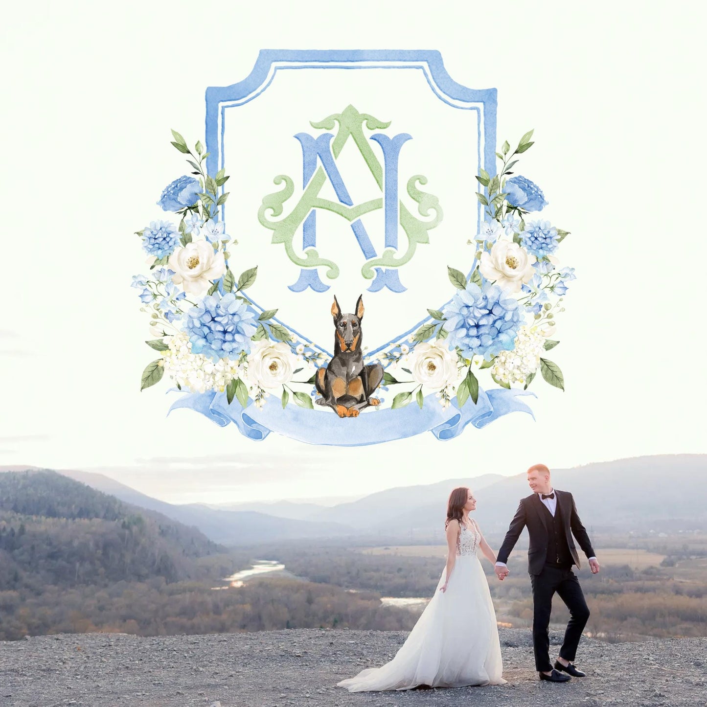 White Roses Hydrangea Flower Wedding Crest - Monogram Crest - Hydrangea Floral Luxury Watercolor Wedding Crest - Romantic Wedding Crest