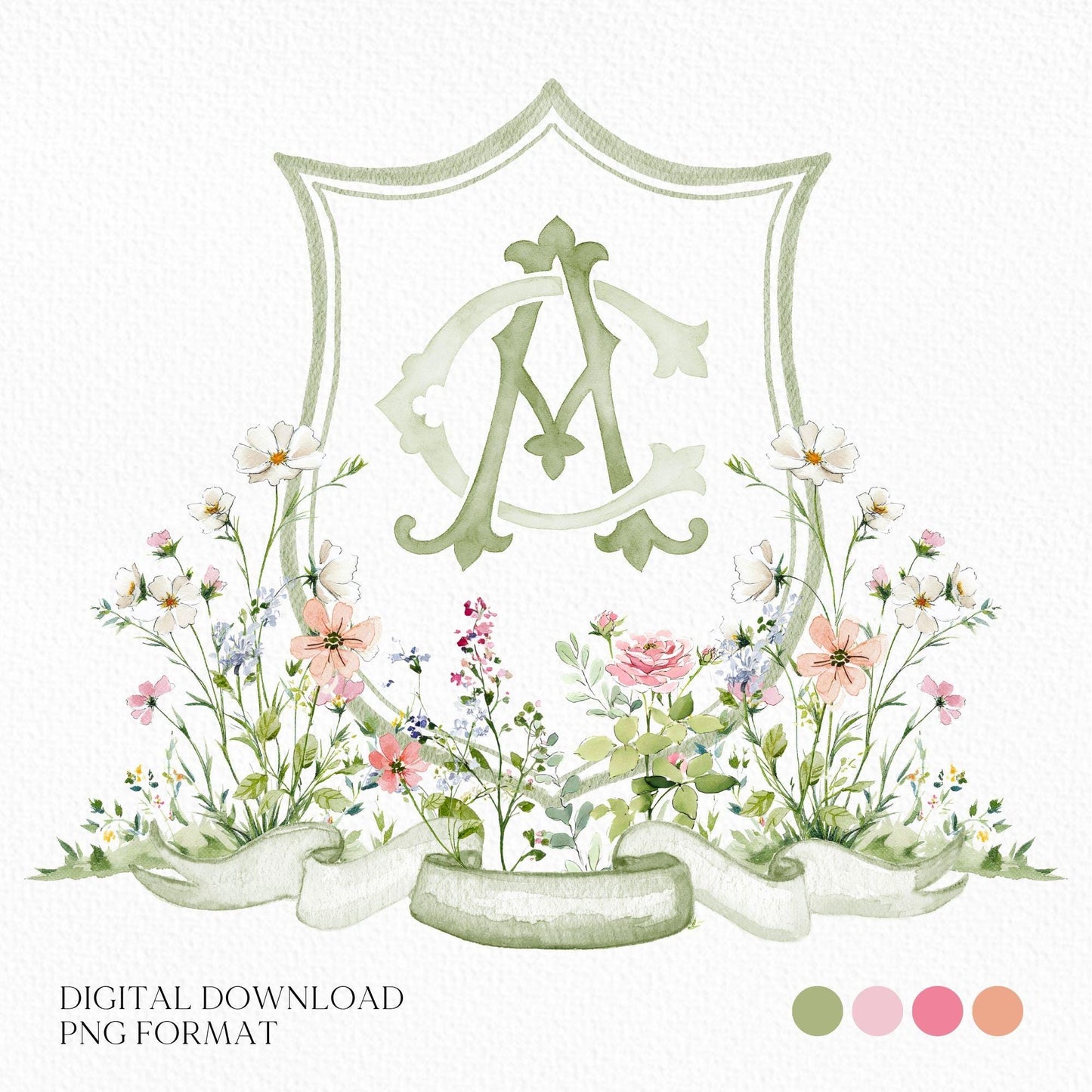 Wildflower Garden Flower Wedding Crest - Monogram Crest - Colorful Spring Floral Watercolor Wedding Crest - Romantic Wedding Crest