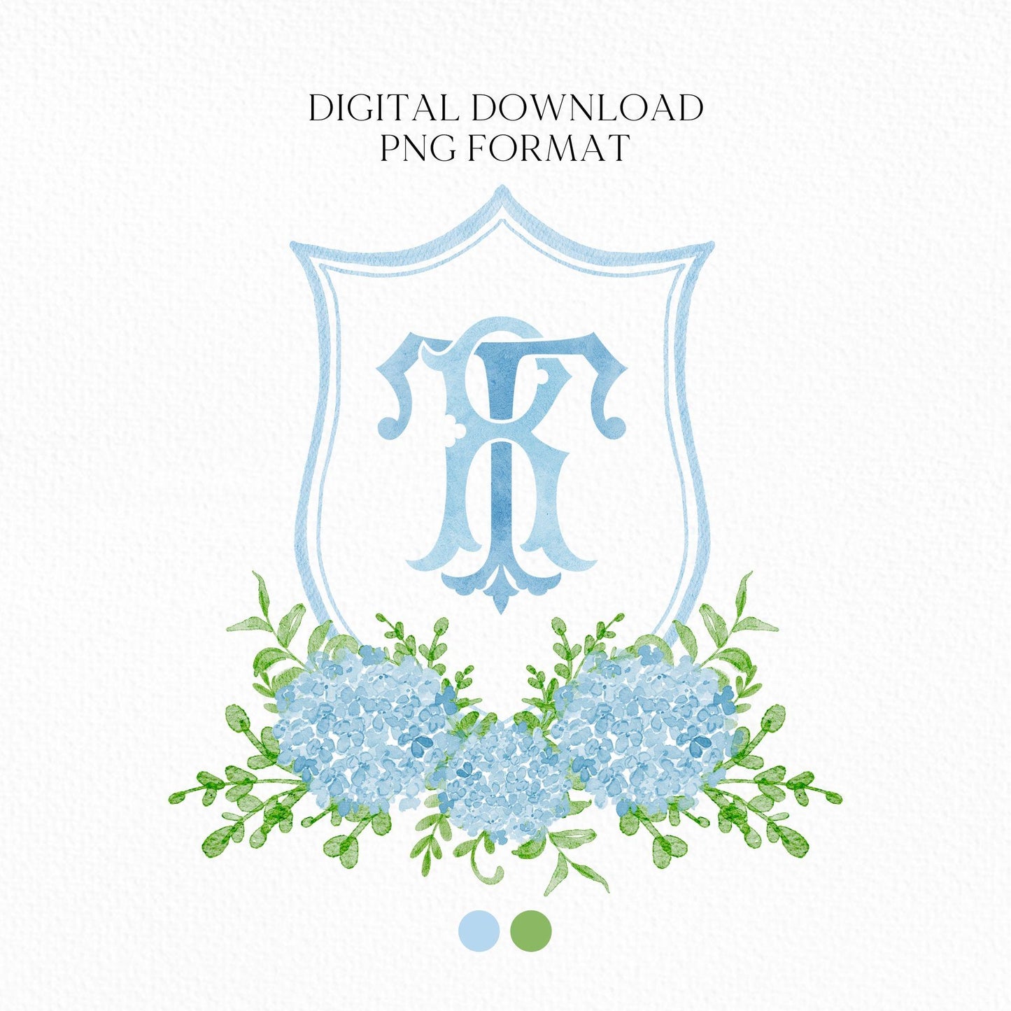 Blue Hydrangea Flower Greenery Wedding Crest - Monogram Crest - Hydrangea Floral Luxury Watercolor Wedding Crest - Romantic Wedding Crest