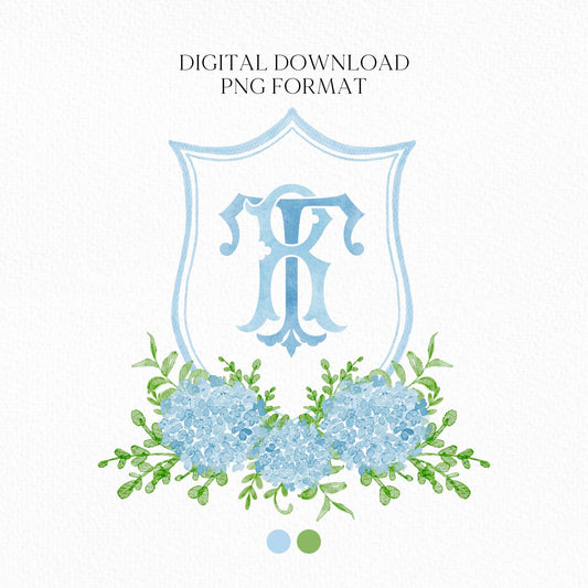 Blue Hydrangea Flower Greenery Wedding Crest - Monogram Crest - Hydrangea Floral Luxury Watercolor Wedding Crest - Romantic Wedding Crest