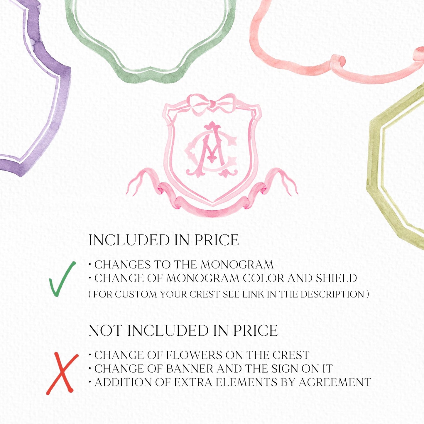 Pink Coquette Ribbon Bow Crest Wedding Crest - Monogram Crest - Pink Ribbon Bow Watercolor Wedding Crest Romantic Wedding Crest