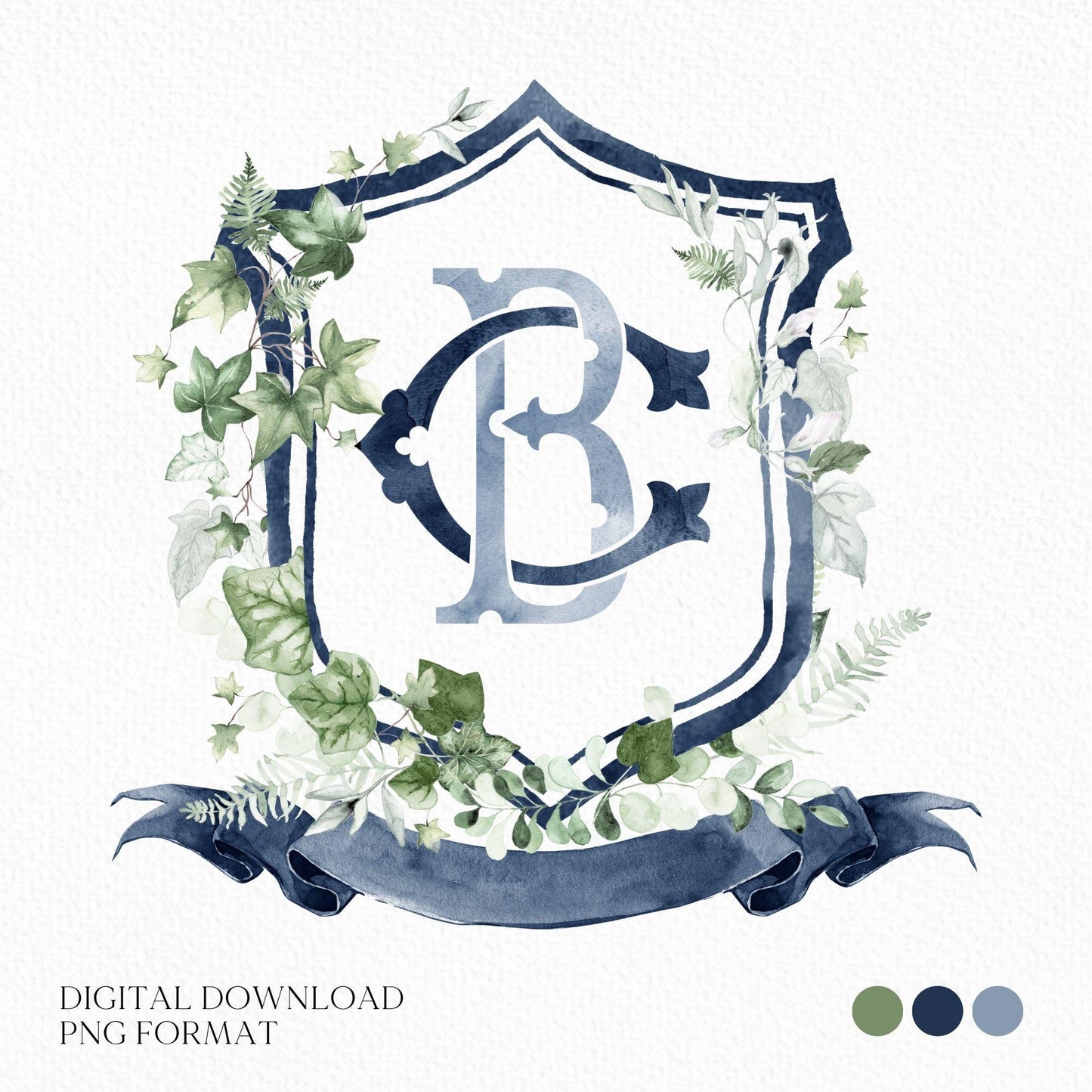 Ivy Vines Greenery Flower Wedding Crest - Monogram Crest - Green Leaf Branch Watercolor Wedding Crest - Romantic Wedding Crest