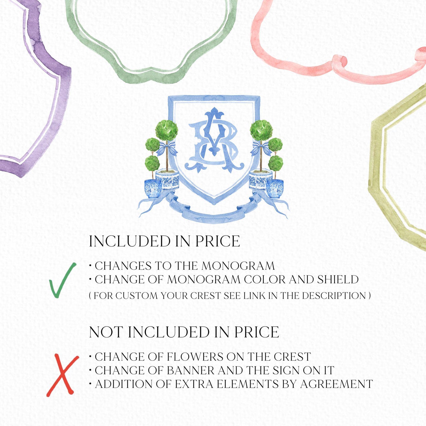 Chinoiserie Blue Topiary Wedding Crest - Monogram Crest - Chinoiserie Blue Watercolor Wedding Crest Romantic Wedding Crest