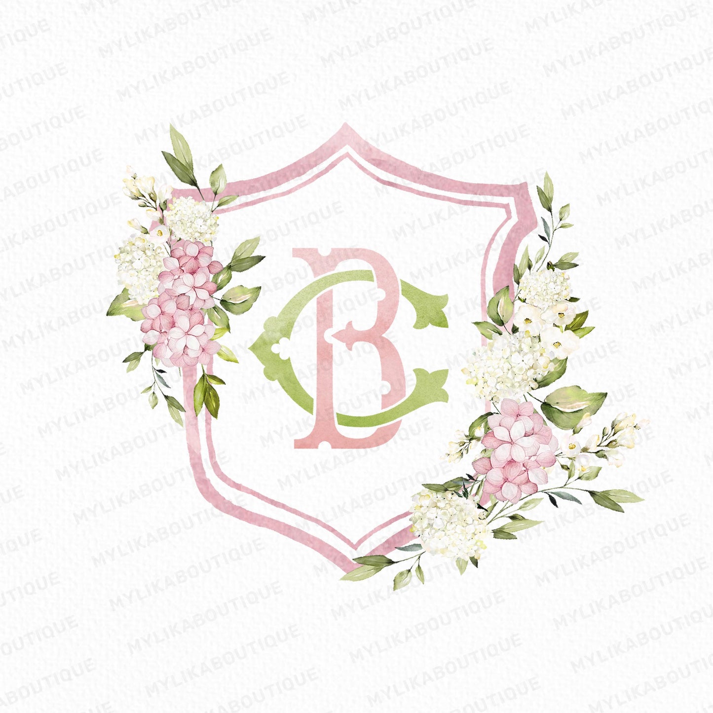 Pink Hydrangea Flower Wedding Crest - Monogram Crest - Hydrangea Floral Luxury Watercolor Wedding Crest - Romantic Wedding Crest