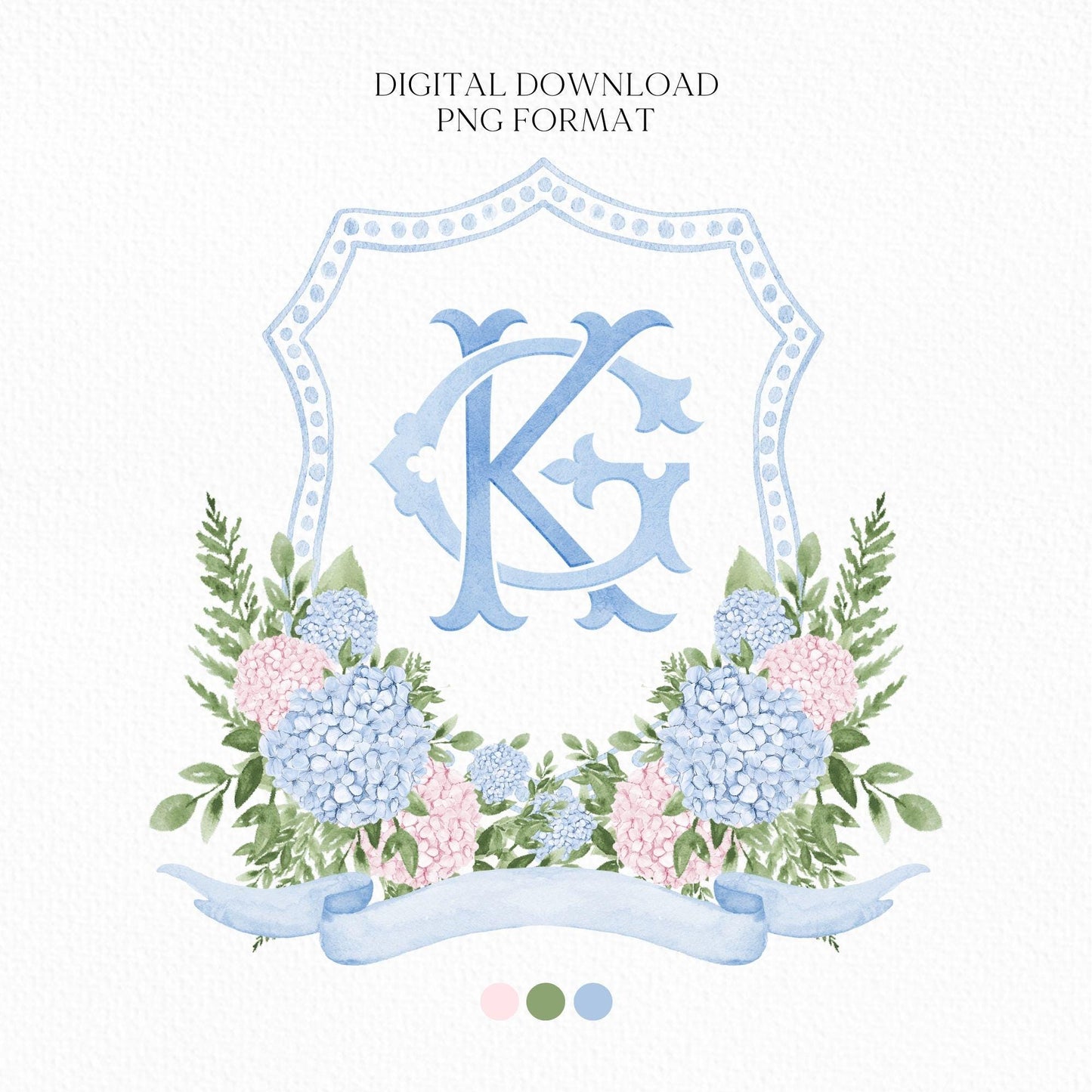 Blue Hydrangea Flower Wedding Crest - Monogram Crest - Eucalyptus Greenery Floral Luxury Watercolor Wedding Crest - Romantic Wedding Crest