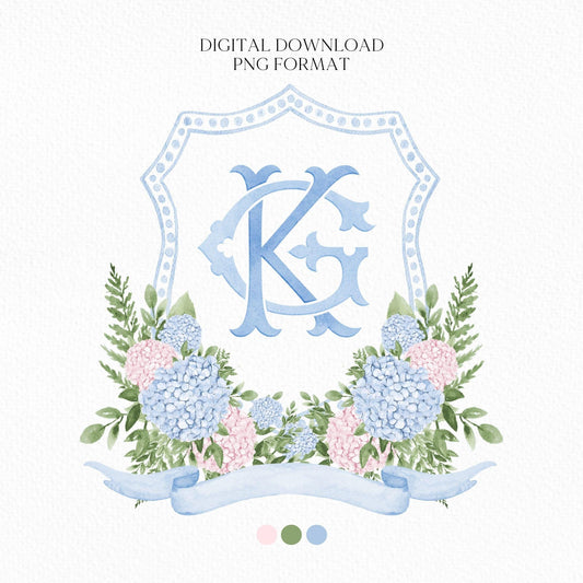 Blue Hydrangea Flower Wedding Crest - Monogram Crest - Eucalyptus Greenery Floral Luxury Watercolor Wedding Crest - Romantic Wedding Crest