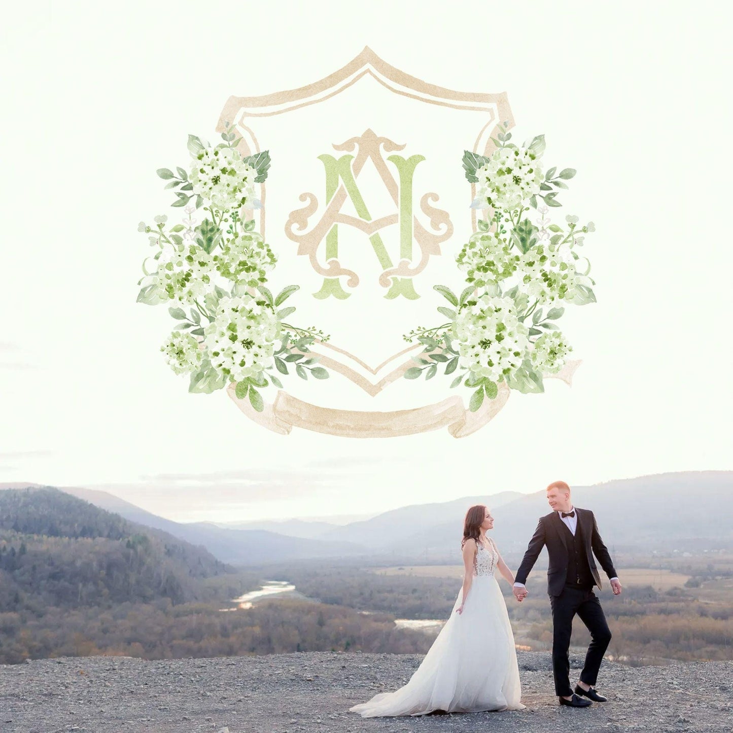 Hydrangea Green Cream WildFlower Wedding Crest - Monogram Crest - Hydrangea Floral Luxury Watercolor Wedding Crest - Romantic Wedding Crest