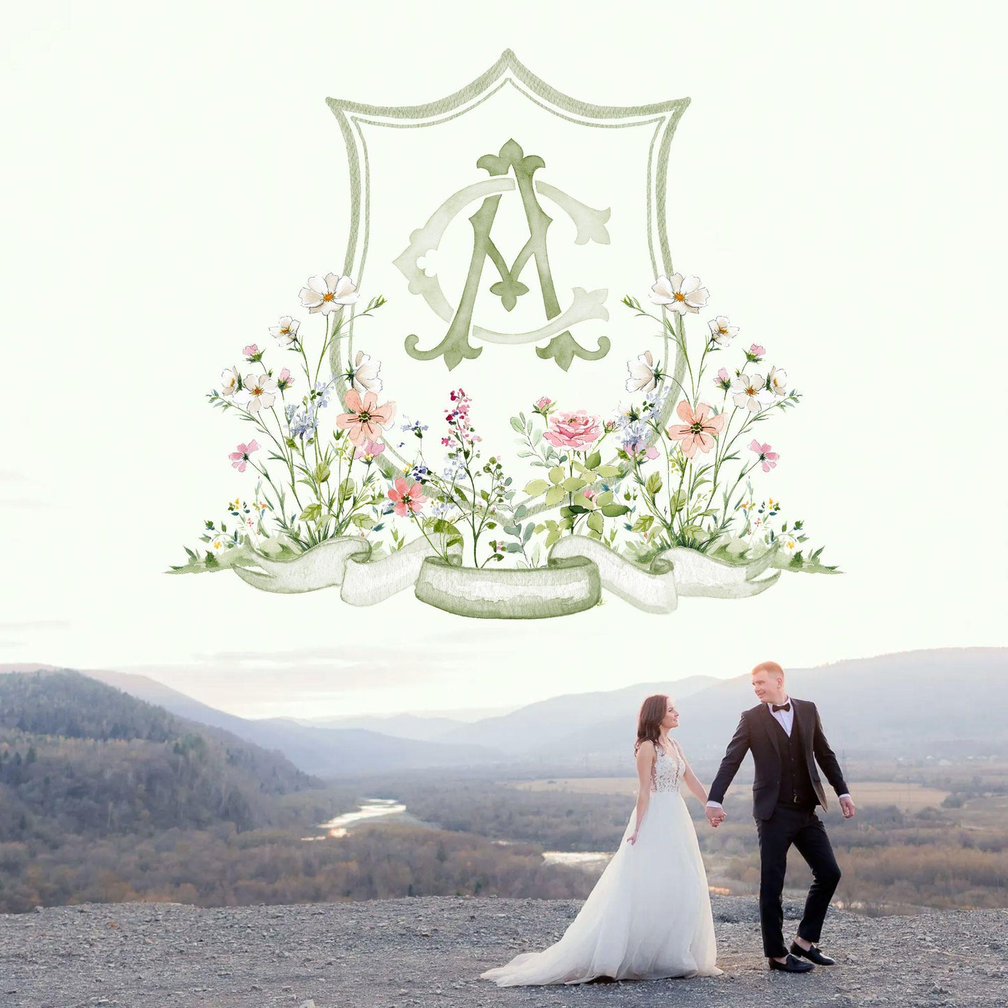 Wildflower Garden Flower Wedding Crest - Monogram Crest - Colorful Spring Floral Watercolor Wedding Crest - Romantic Wedding Crest