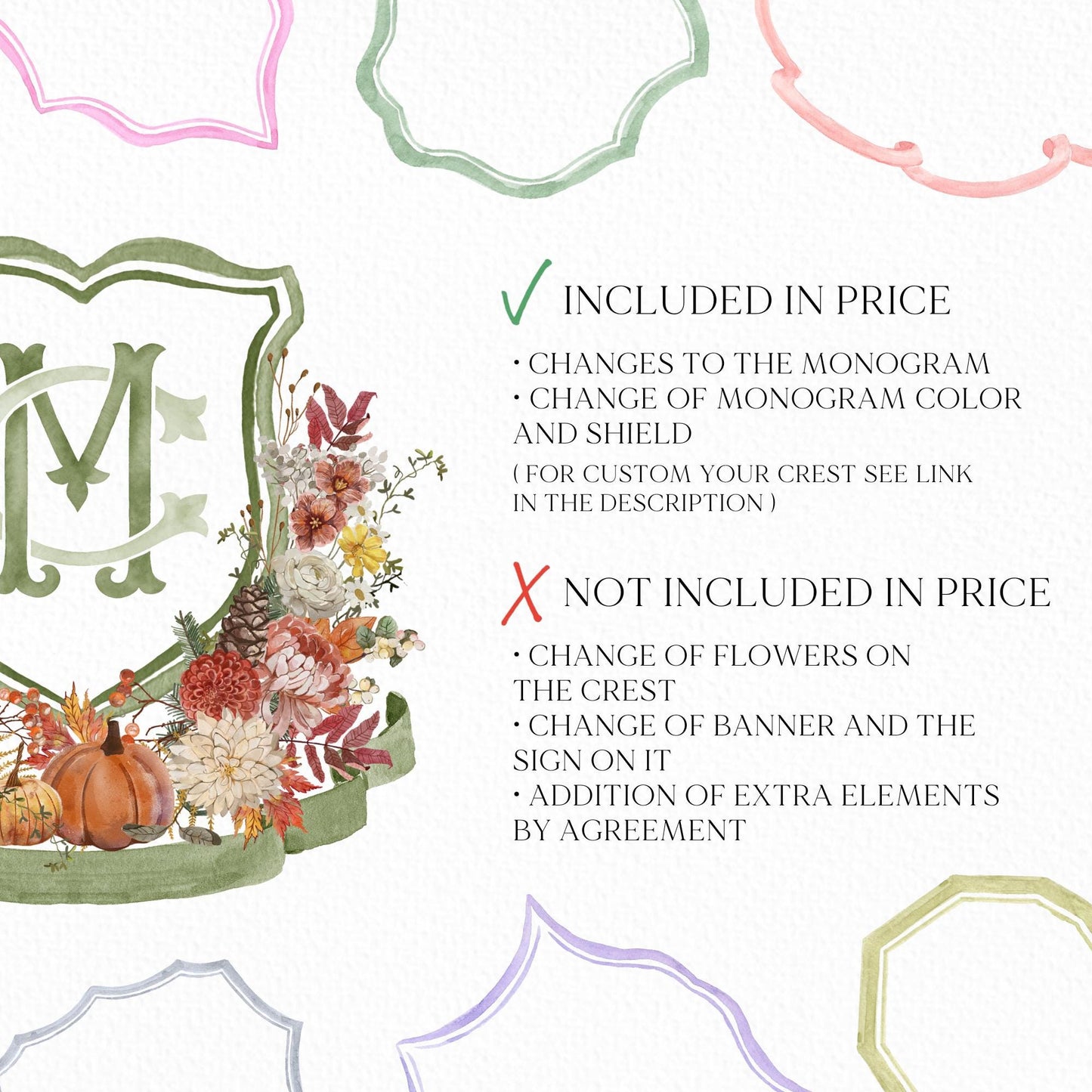 Autumn Watercolor Flower Leaf Wedding Crest - Monogram Crest - Rustic Fall Floral Luxury Watercolor Wedding Crest - Pumpkins Wedding Crest