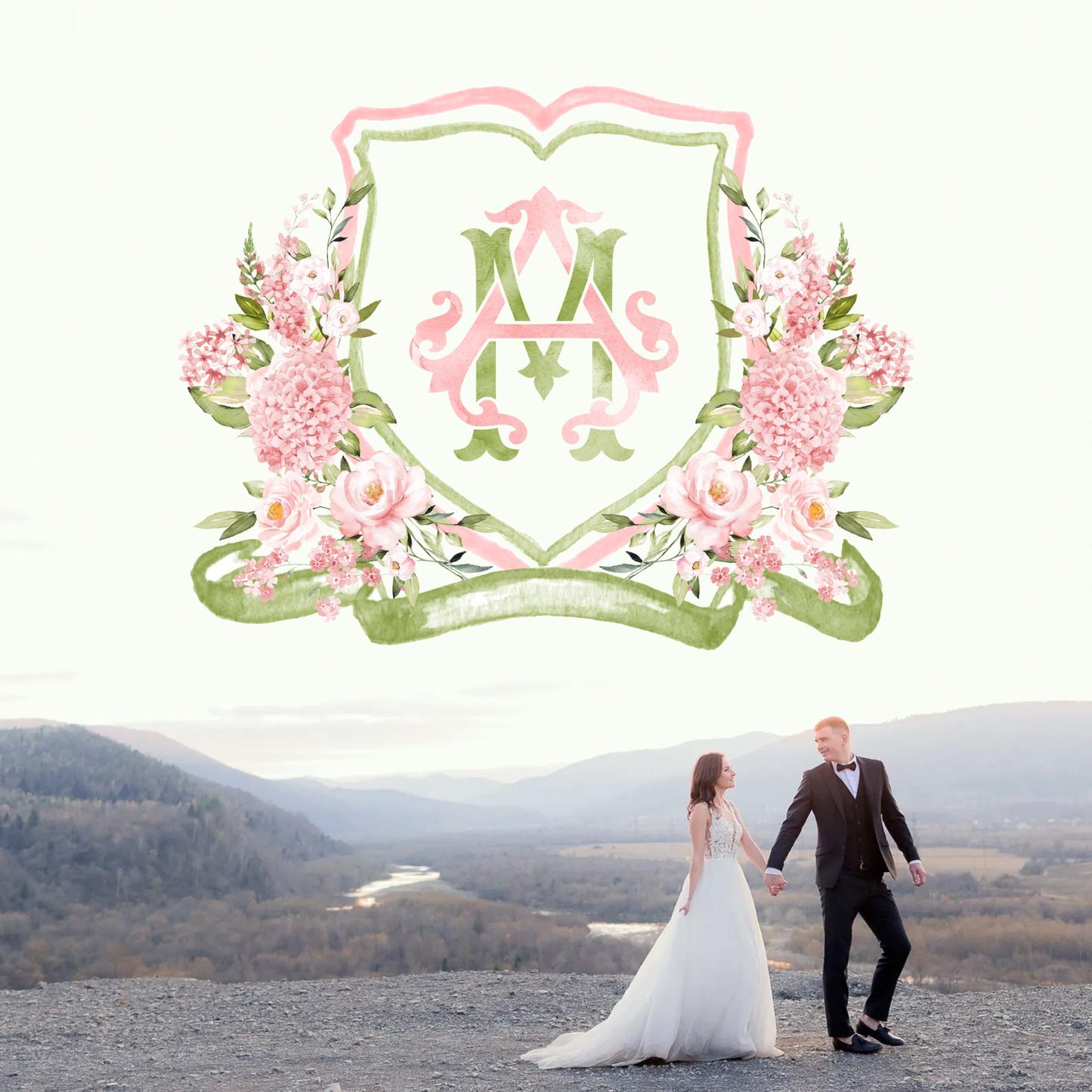 Hydrangea Blush Pink Rose Flower Wedding Crest - Monogram Crest - Pink Hydrangea Floral Luxury Watercolor Wedding Crest