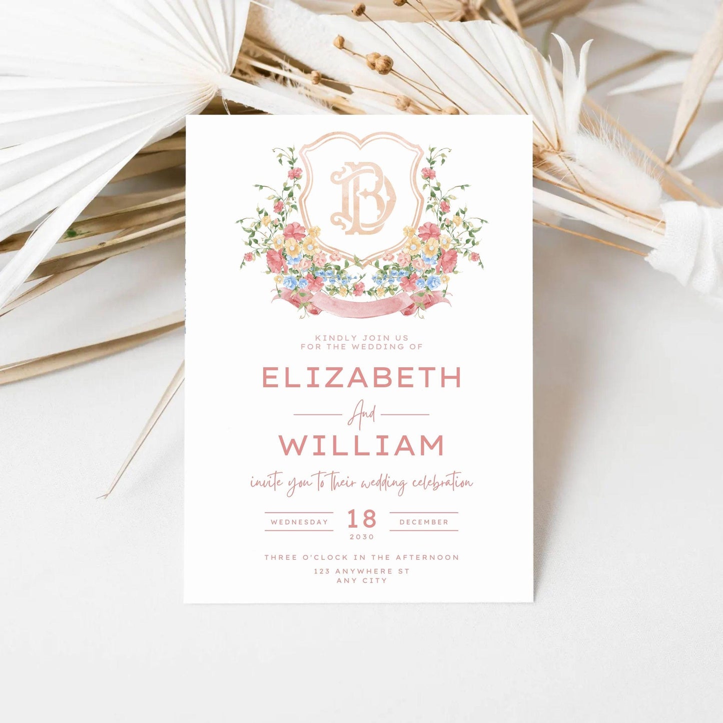 Wildflowers Pink Flower Garden Flowers Wedding Crest - Monogram Crest - Floral Luxury Watercolor Wedding Crest - Romantic Wedding Crest