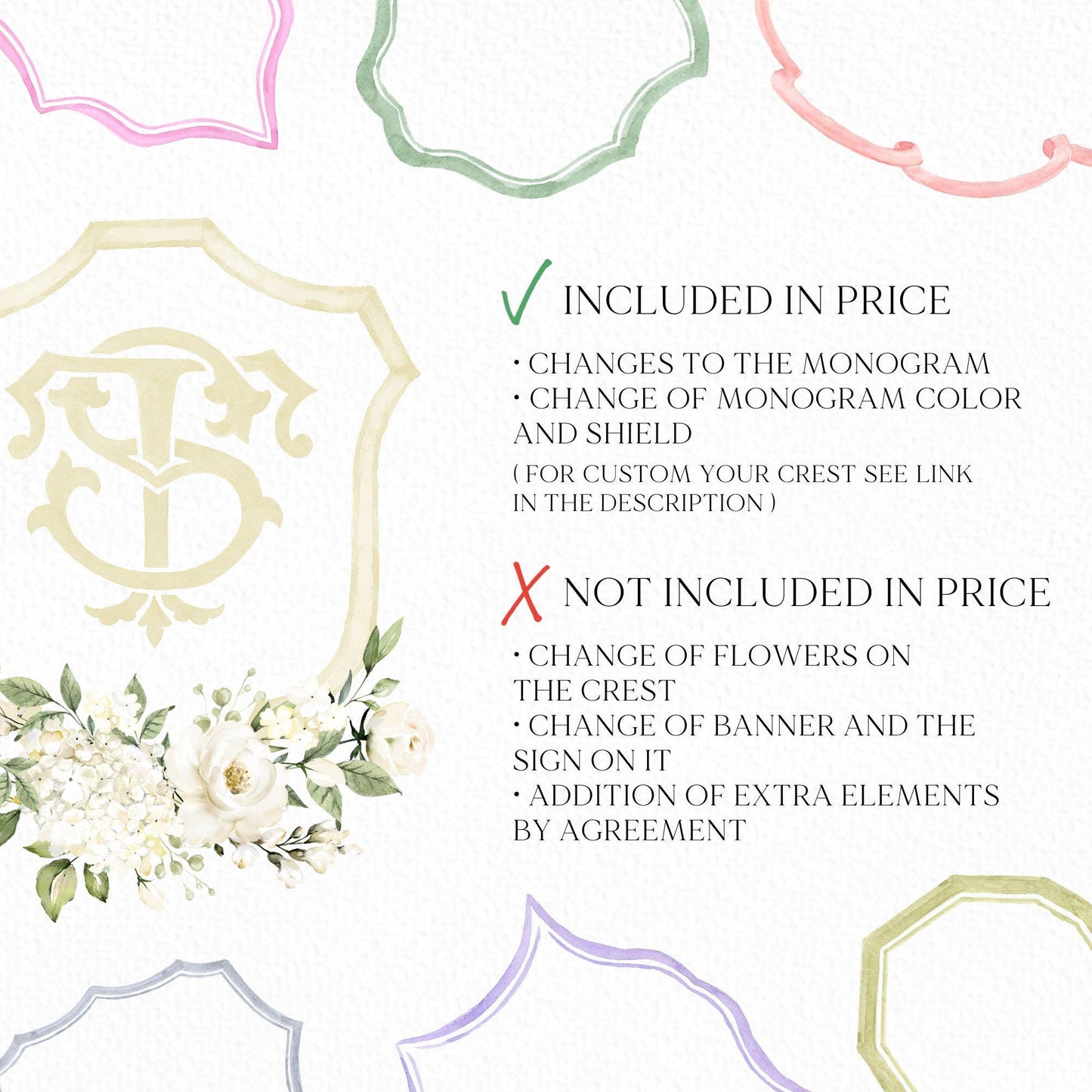 White Rose Greenery White Flower Wedding Crest - Monogram Crest - White Floral Watercolor Wedding Crest - Romantic Wedding Crest