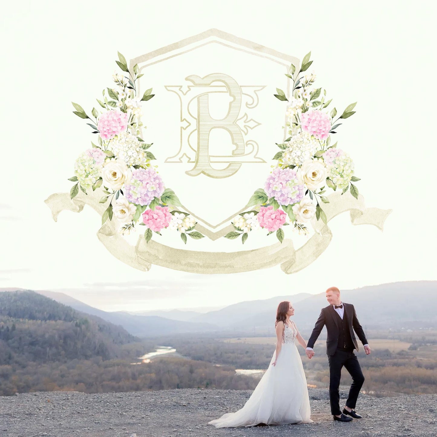 Blue White Pink Hydrangea Flower Wedding Crest - Monogram Crest - Pastel Color Hydrangea Floral Luxury Watercolor Wedding Crest