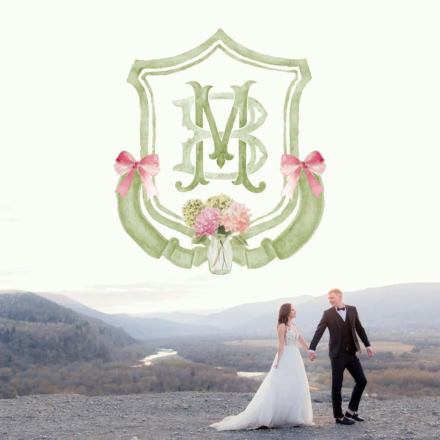 Hydrangea Green Pink Wedding Crest - Monogram Crest - Pink Hydrangea Green Floral Luxury Watercolor Wedding Crest - Romantic Wedding Crest