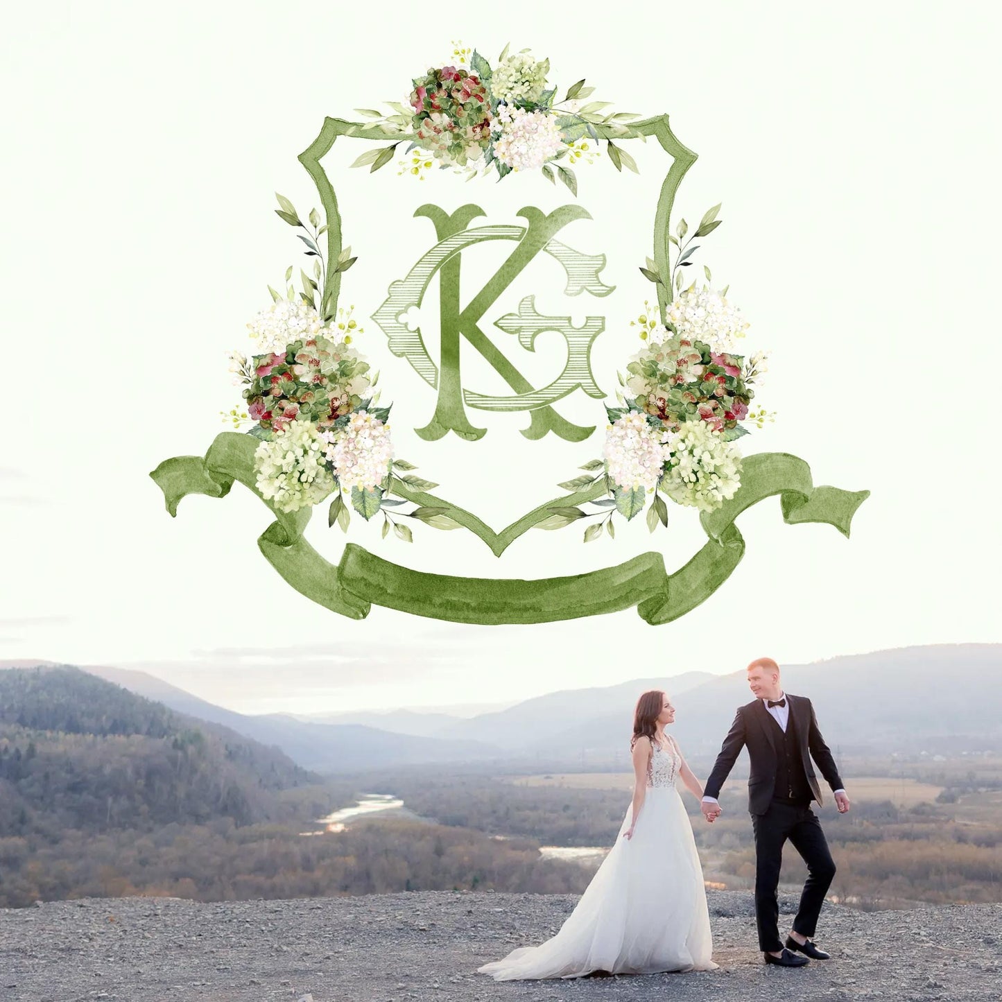 Hydrangea Macrophylla Green Flower Wedding Crest, Monogram Crest, Lush bright Greenery Floral Watercolor Wedding Crest, Hydrangea Crest