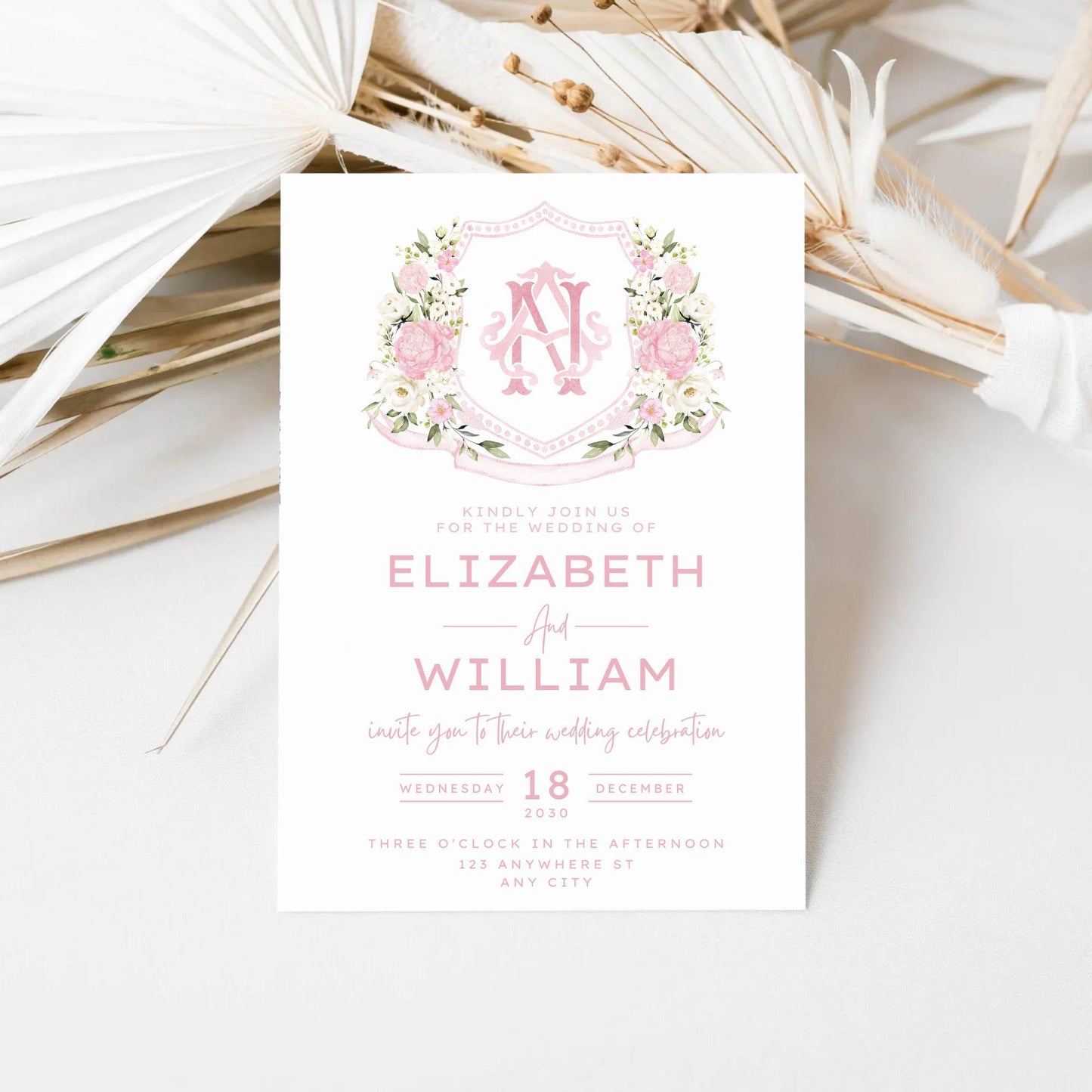 Creamy Rose Ivory Pink Peony White Flower Wedding Crest - Monogram Crest - Pink Floral Watercolor Wedding Crest - Romantic Wedding Crest