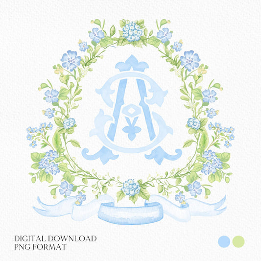 Watercolor Blue Flower Wedding Crest - Monogram Crest - Botanical Floral Blue Watercolor Wedding Crest - Vintage Green Floral Wedding Crest