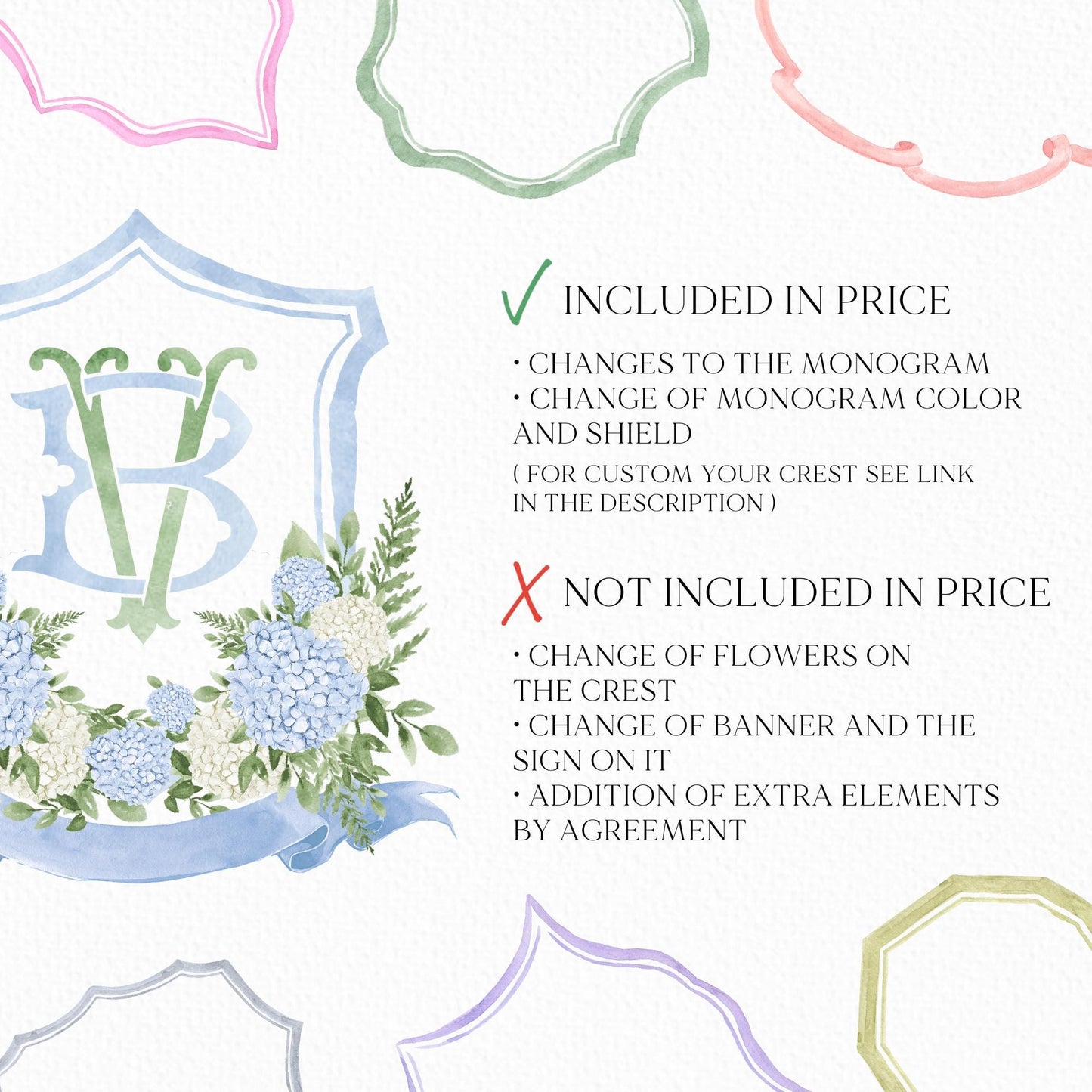 White Blue Hydrangea Flower Wedding Crest - Monogram Crest - Hydrangea Floral Luxury Watercolor Wedding Crest - Romantic Wedding Crest