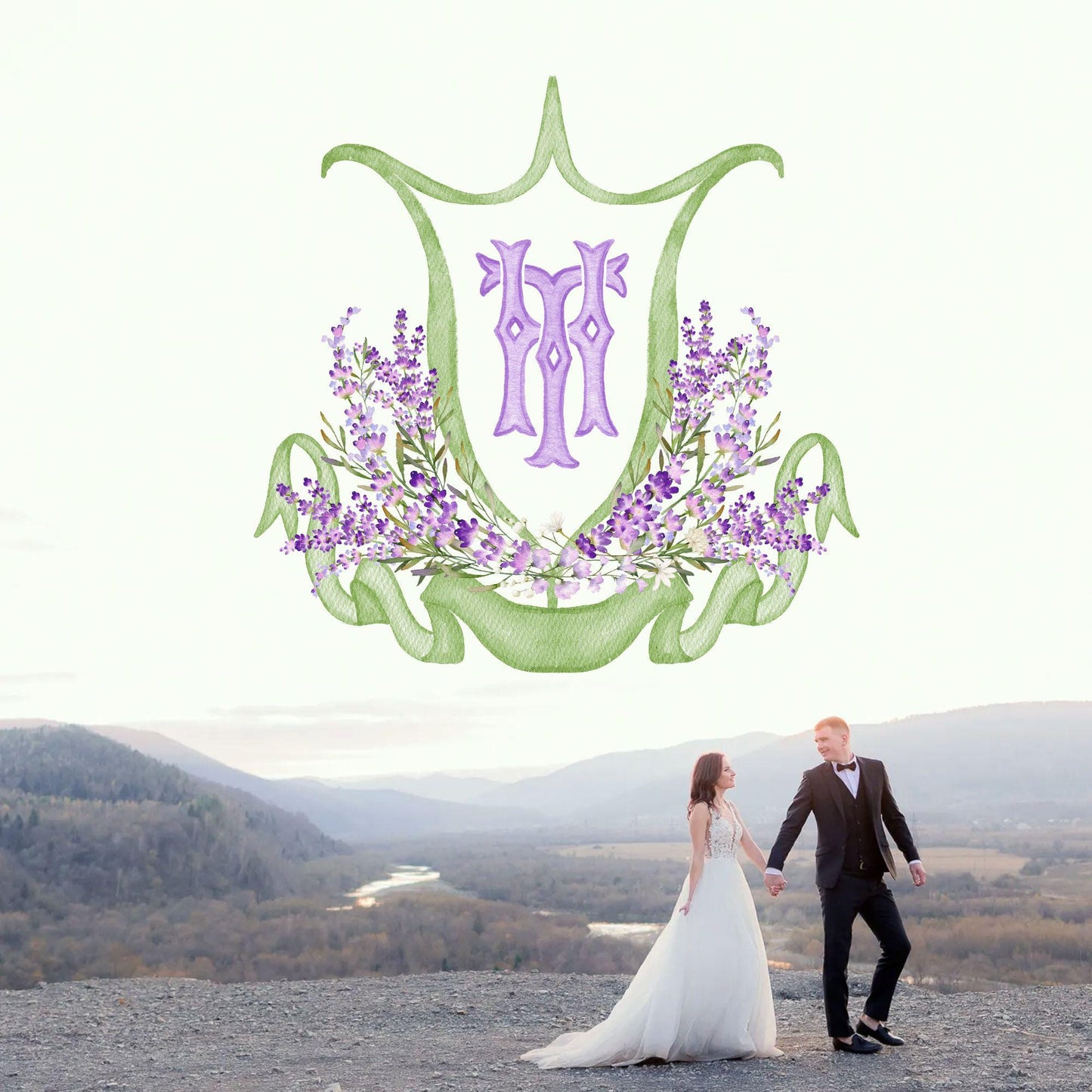 Lilac Lavender Purple Flower Wedding Crest - Monogram Crest - Lavender purple Floral Luxury Watercolor Wedding Crest, Romantic Wedding Crest