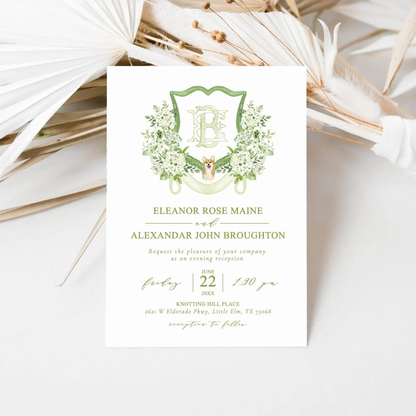 Green Hydrangea Flower Wedding Crest - Monogram Crest - Hydrangea White Floral Luxury Watercolor Wedding Crest - Romantic Wedding Crest